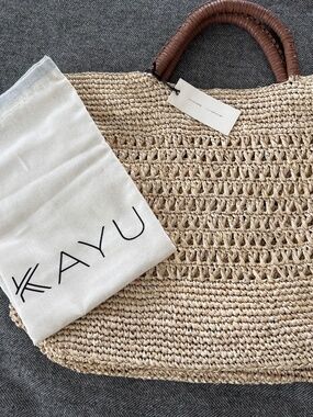 NWT Kayu, large raffia bag with leather wrapped handle